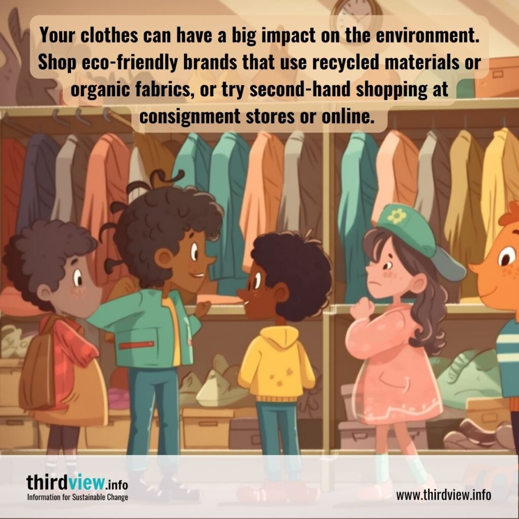 Your clothes can have a big impact on the environment. Shop eco-friendly brands that use recycled materials or organic fabrics, or try second-hand shopping at consignment stores or online
