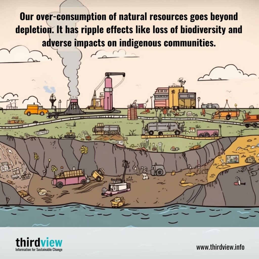 Our over-consumption of natural resources goes beyond depletion. It has ripple effects like loss of biodiversity and adverse impacts on indigenous communities.